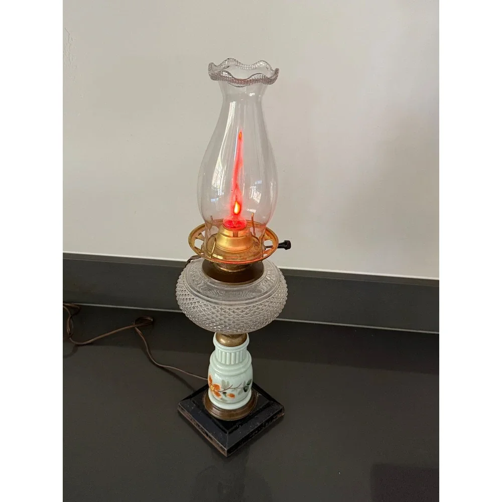 Vintage Electric Hurricane Lamp Floral Milk Glass Hobnail Clear Red Flame Bulb